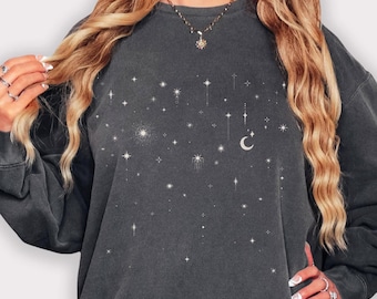 Celestial Comfort Colors® Sweatshirt, Minimalist Stars Sweatshirt, Mystical Moon Star Sweater, Space Pullover