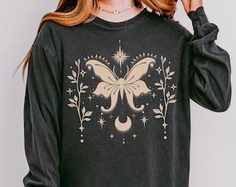 Moon Moth Long Sleeve Shirt, Magical Celestial Comfort Colors® Long Sleeve Tee, Lunar Butterfly Graphic Tee, Mystical Boho Long Sleeved Top