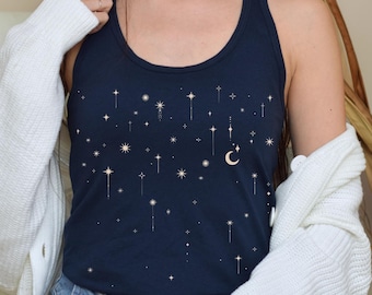 Star Light Tank Top, Falling Stars Womens Racerback, Minimalist Boho Moon Space Yoga Tee