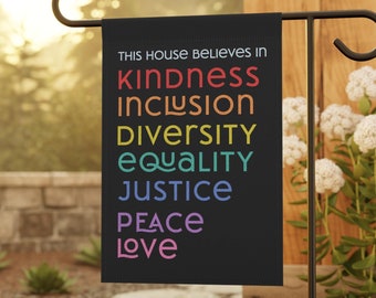This House Believes In Garden Flag, Liberal Values Outdoor Sign, Rainbow Democrat Flag, LGBTQ Flag Social Justice Yard Sign, Anti Trump Gift