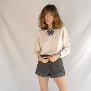 Silk Bow Tie Dolman Sleeve Blouse - Vintage 80s - S