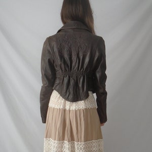Brown Leather Y2K DIESEL Embroidered Asymmetric Zip MOTO