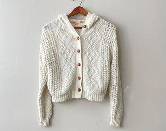 wit cropped sweatervest CABLE KNIT met capuchon - vintage jaren 60 - xs/s