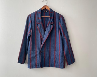blue striped double breasted blazer - vintage 70s, 80s - small