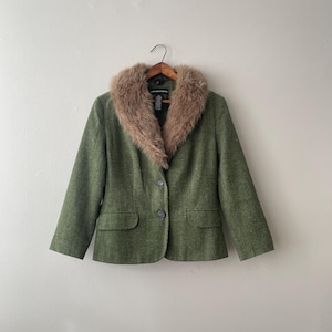green tweed y2k blazer with FUR trimmed collar - vintage 00s - small