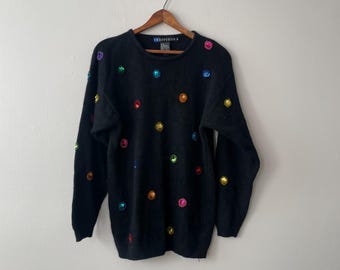 black silk sequin jewel embellished pullover sweater - vintage 90s - s/m