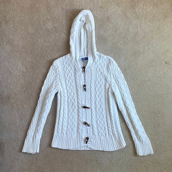 Chunky White Cotton Cable Knit Hooded Cardigan Sweater Jacket