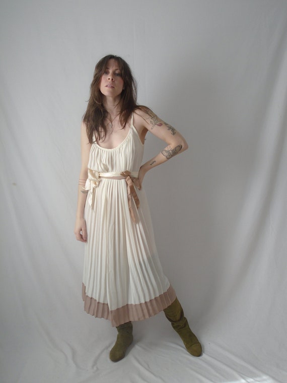 white + brown goddess pleat midi boho dress - vint