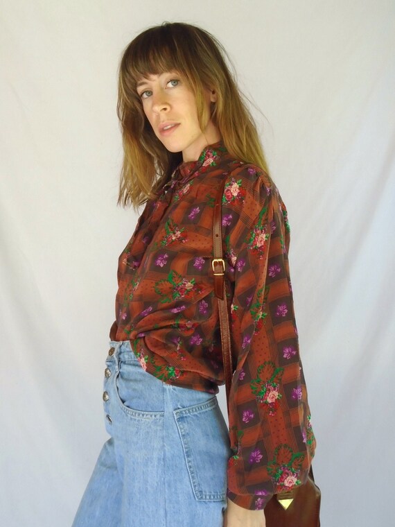 Silk Floral Check Dolman Sleeve Blouse - Vintage 7