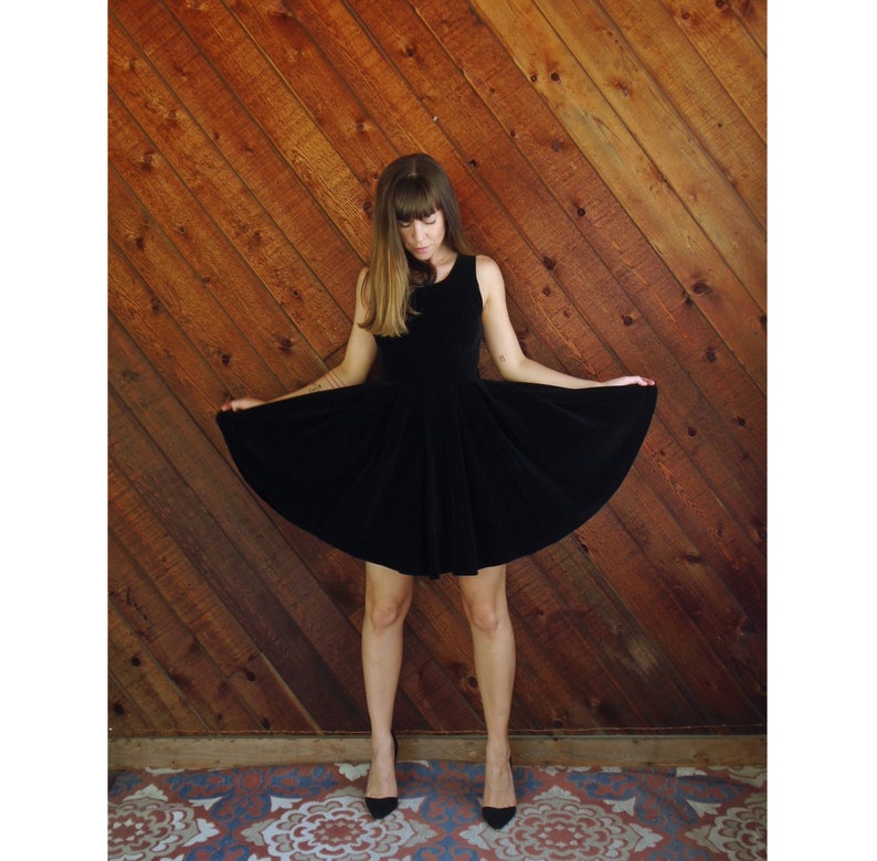 Vintage 80s XSS Black Cotton Velvet Mini Box Pleat Circle Dress