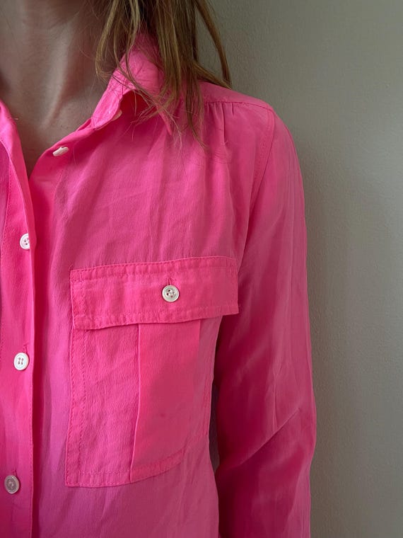 hot pink basic SILK button down blouse - vintage … - image 5