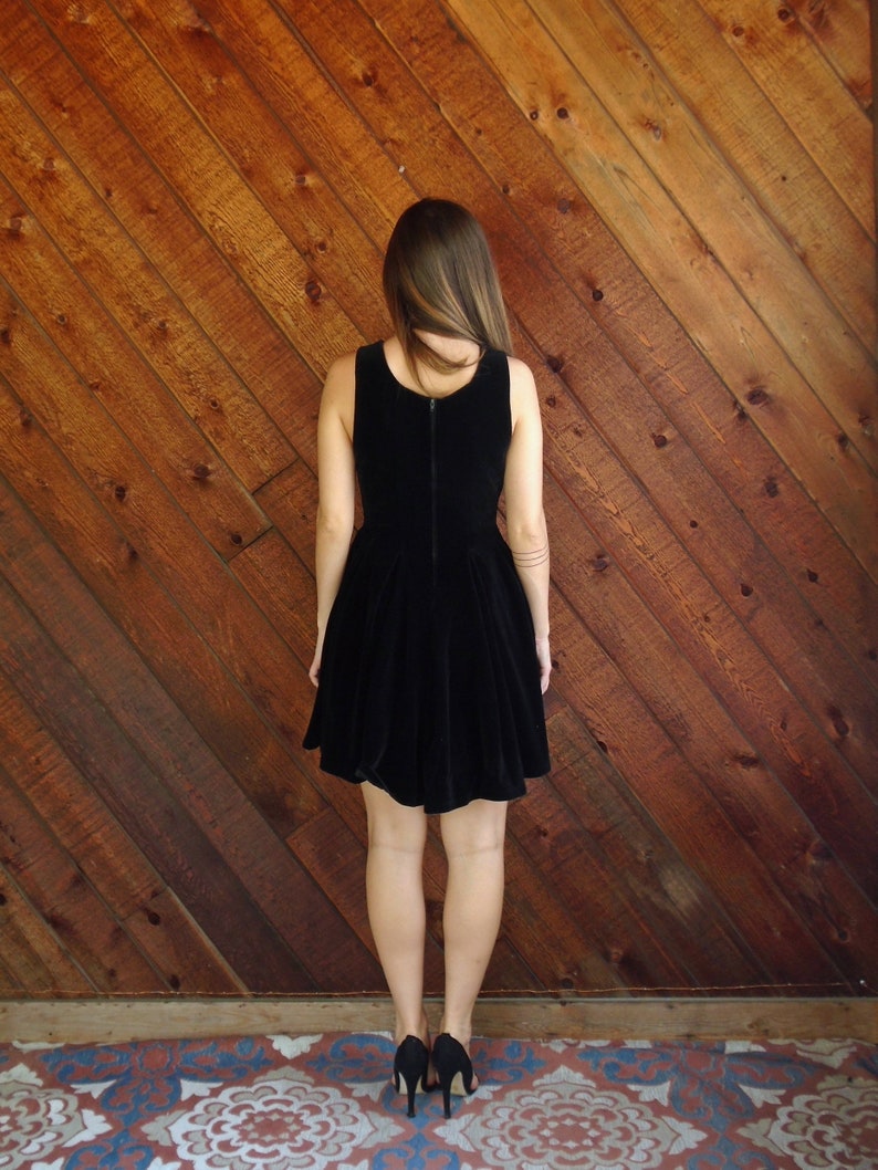 Vintage 80s XSS Black Cotton Velvet Mini Box Pleat Circle Dress
