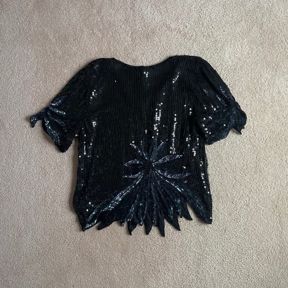 black sequin short sleeve cut out blouse - vintag… - image 2