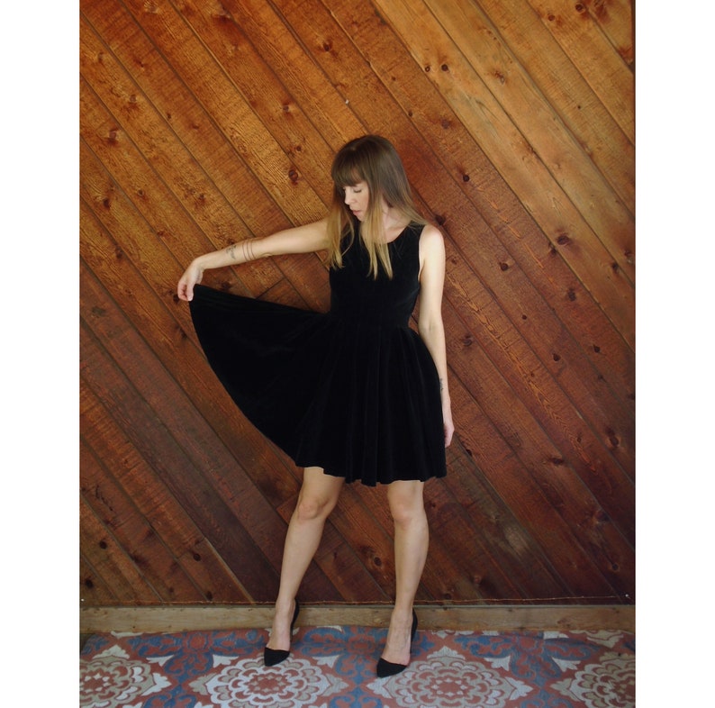 Vintage 80s XSS Black Cotton Velvet Mini Box Pleat Circle Dress