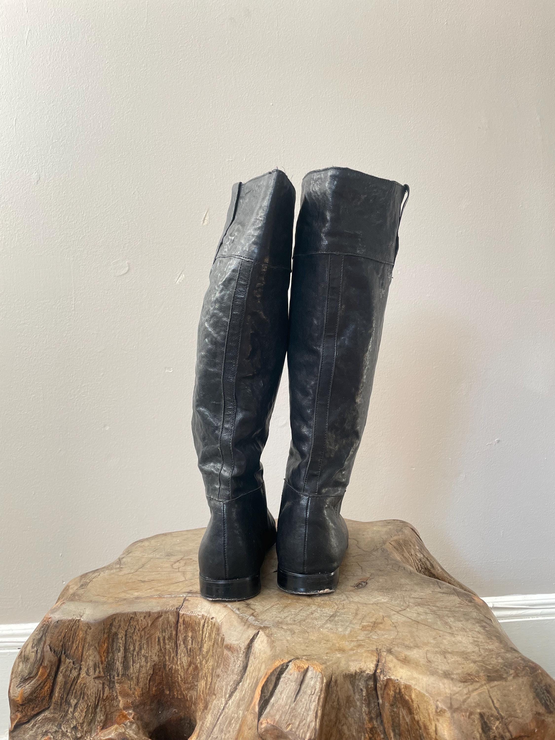 Black Knee High Y2k Flat Scrunch Leather Boots - Vintage Y2k - 6 6