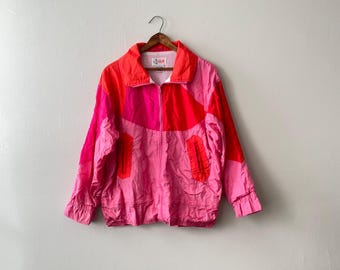bright pink + red 80s colorblock windbreaker zip up jacket - vintage - medium