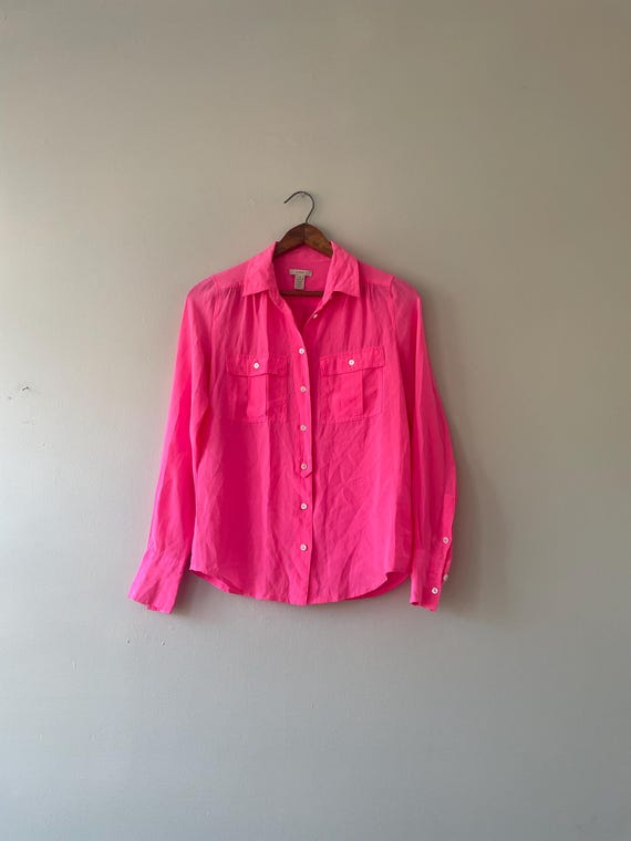 hot pink basic SILK button down blouse - vintage … - image 1