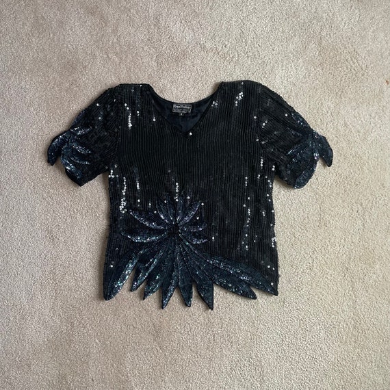 black sequin short sleeve cut out blouse - vintag… - image 1