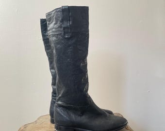 black knee high y2k flat scrunch leather boots - vintage y2k - 6 6,5