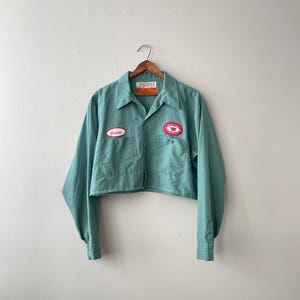 beech-nut name patch cropped teal button down shirt - vintage 90s - l/xl