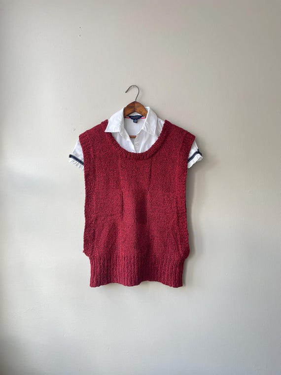 check texture OPEN SIDE wine red 80s sweater vest… - image 2