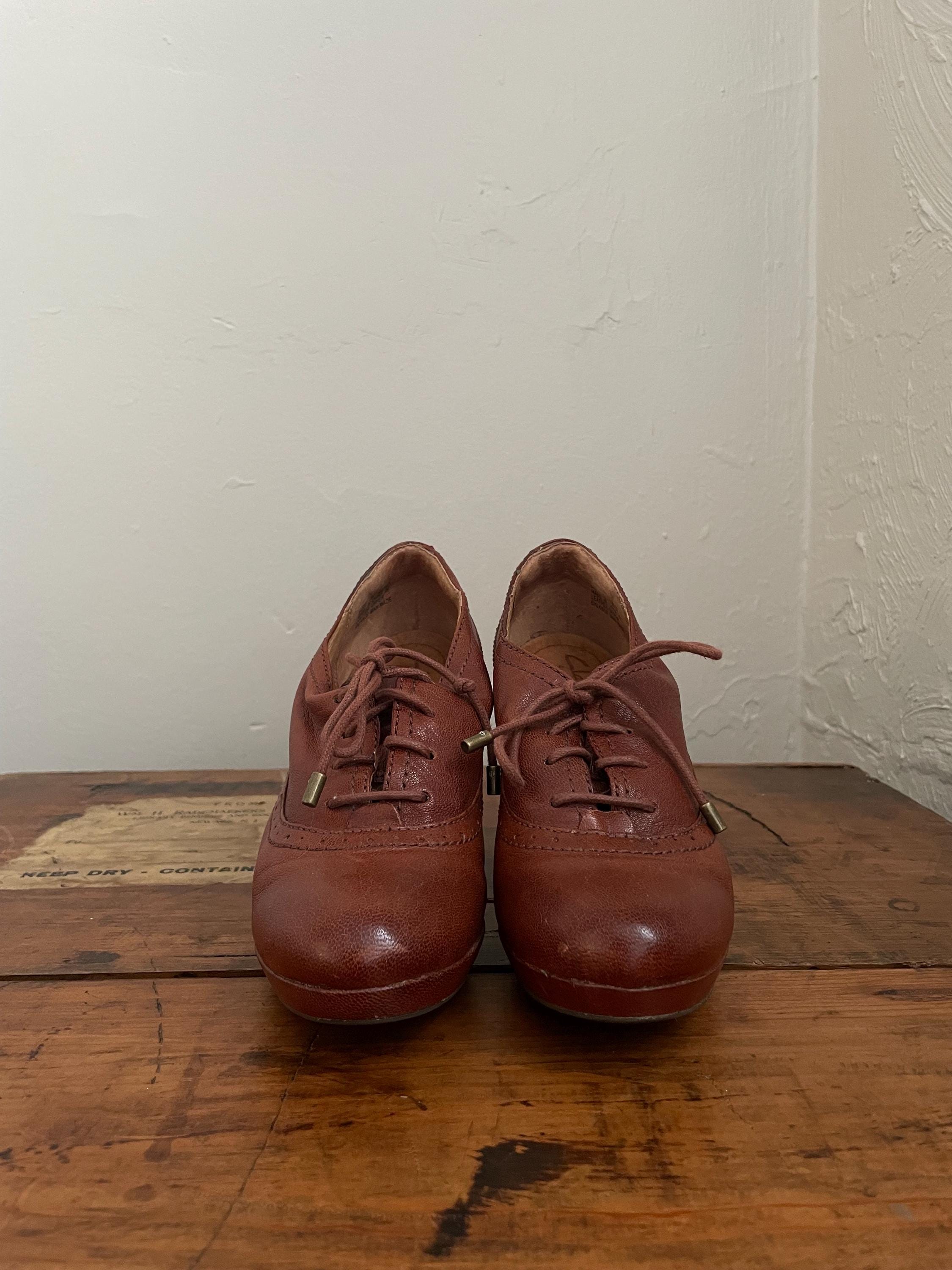 Brown Leather Y2k Lace up OXFORD Heels - Vintage 00s - 6.5 7  display picture 1
