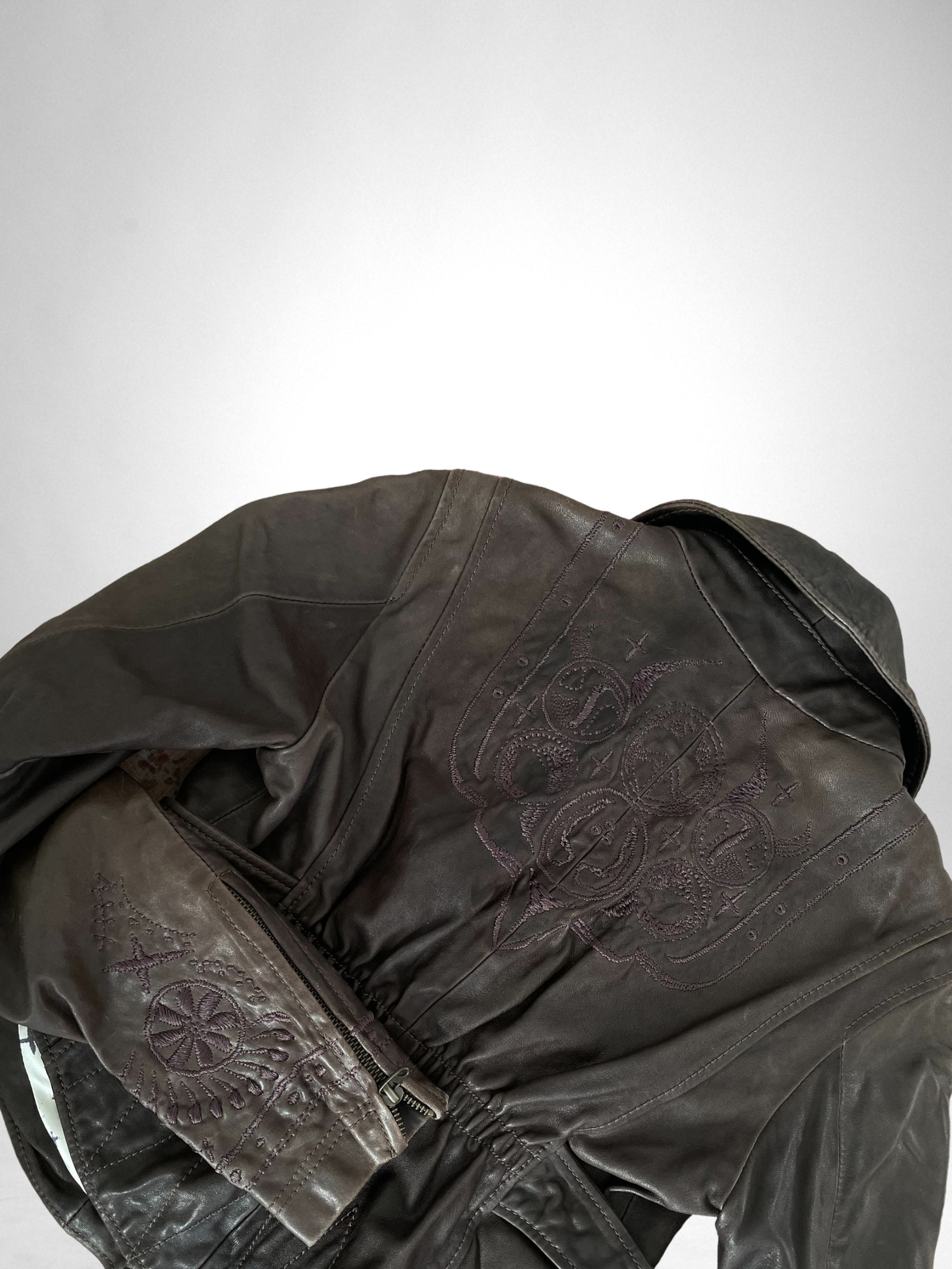 Brown Leather Y2K DIESEL Embroidered Asymmetric Zip MOTO