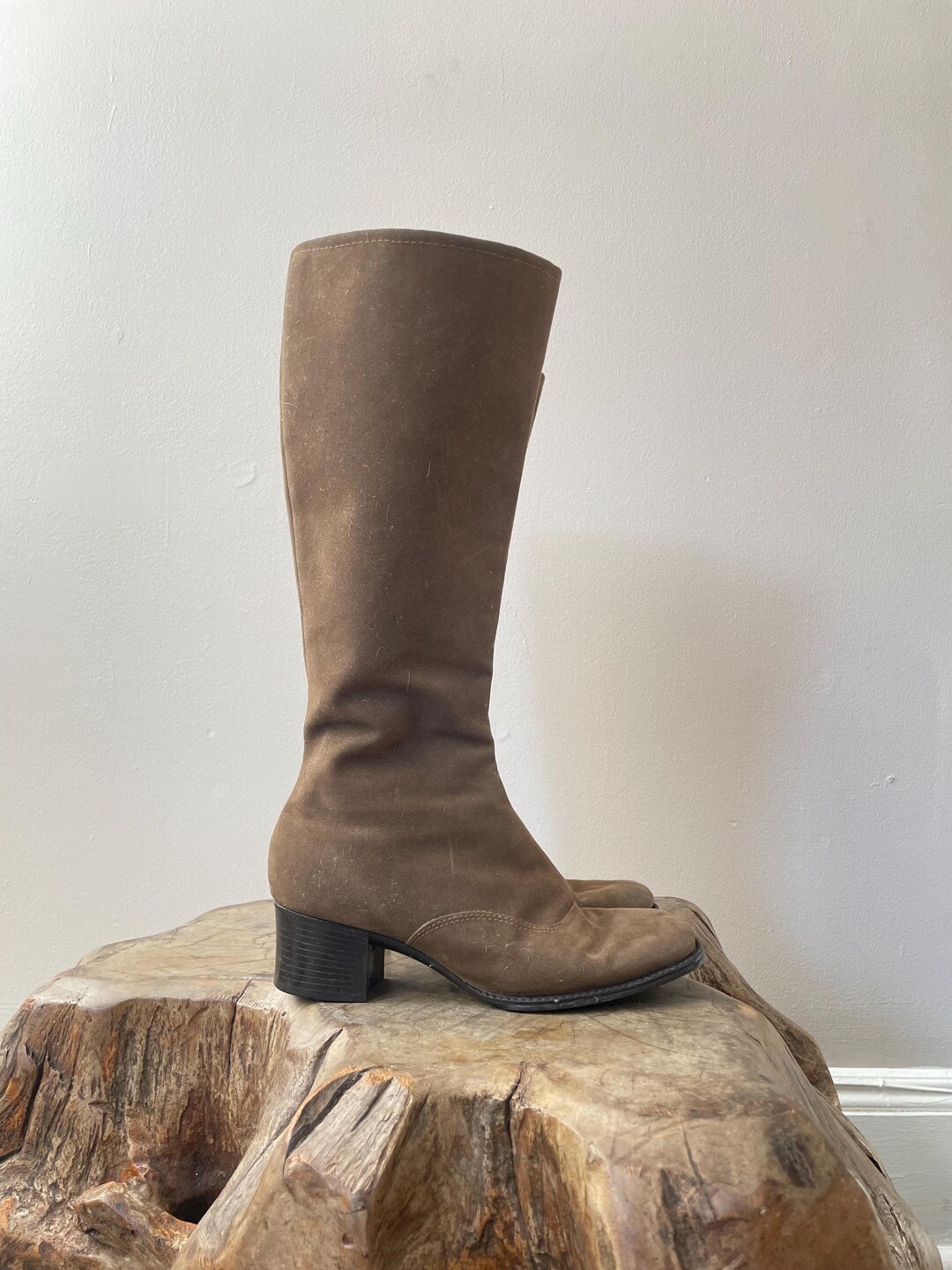 Brown Suede Effect Heeled KNEE HIGH Fleece Lined Winter Boots - Vintage ...