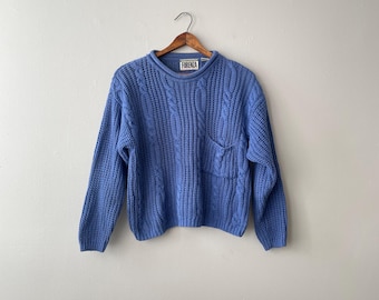 Maglione corto pullover a trecce grosse blu ceruleo - vintage anni '90 - taglia S/M