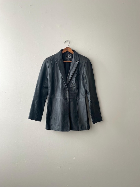 fitted black leather blazer coat jacket - vintage 90s, 00s - xs petite