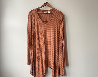 rust brown striped long sleeve fairy hem tunic shirt - vintage y2k - large