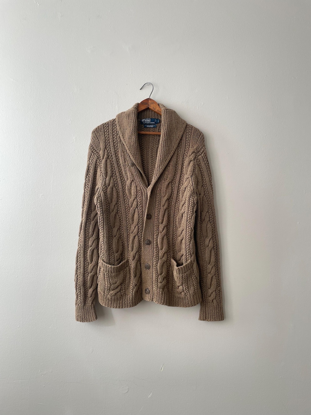 Vintage Ralph Lauren Chunky Cable Knit Shawl Collar Sweater Coat ...