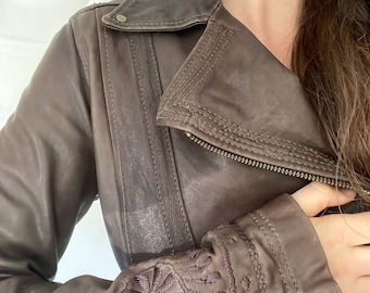 brown leather Y2K DIESEL embroidered asymmetric zip MOTO jacket - xs