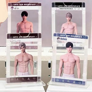 May include: Four clear acrylic display stands featuring male figures in a social media frame design. Each frame has the text "LOVE AND DEEPSPACE" and a different name. The figures are shirtless and stand on a clear base.