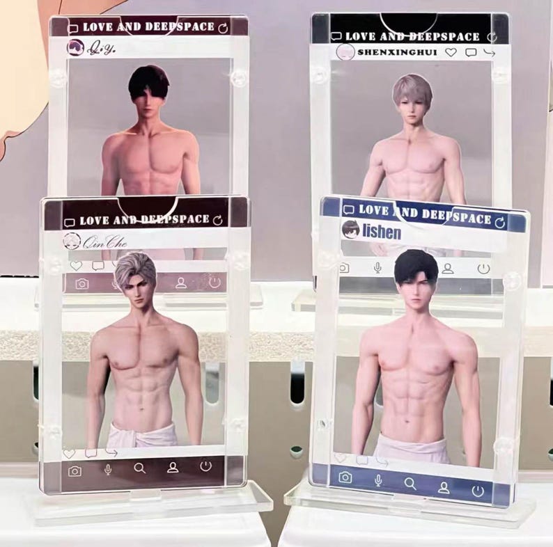 May include: Four clear acrylic display stands featuring male figures in a social media frame design. Each frame has the text "LOVE AND DEEPSPACE" and a different name. The figures are shirtless and stand on a clear base.