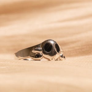 May include: A silver ring with a skull design. The skull has black eyes and a detailed design.