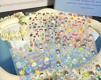 May include: Sheets of clear stickers featuring various cartoon characters and small icons in a variety of colors. The stickers include images of people, animals, food, and medical symbols. The text "Xavior" is visible on one of the sticker sheets.