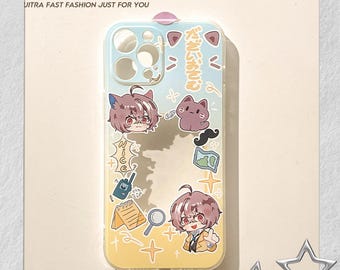May include: Clear phone case with a colorful design featuring anime-style characters, cats, and Japanese text. The case has a gradient background of yellow and blue, with the text "benefit.case" at the top.