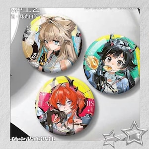 May include: Three round anime-style buttons featuring colorful illustrations of female characters. Each button has a different character with unique hair and eye colors, set against vibrant backgrounds. The buttons have text in the background.