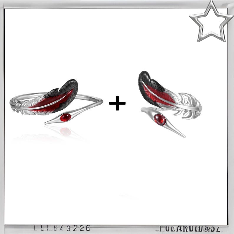 Puede incluir: Dos anillos plateados con forma de pluma, con detalles rojos y negros. Cada anillo presenta un dise&ntilde;o de pluma y una gema roja. Los anillos se muestran sobre un fondo blanco.
