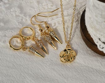 Yor, conjunto de collar y aretes de diseñador, chapado en oro de 14k, collar de rosa dorada, aretes de diamantes finos, regalo para familiares, amigos, amantes, moda