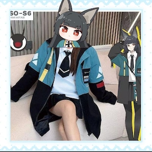 May include: A teal and black jacket with yellow accents, a white shirt, and a black tie. The jacket has a geometric design on the sleeves and the text "HSO". The image also includes a cartoon character with fox ears.