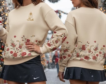 Retro Belle Princess Enchanted Rose 3D All Over Printed Sweatshirt, Beauty And The Beast Floral 3D Sweatshirt, Disney Princesses Outfit