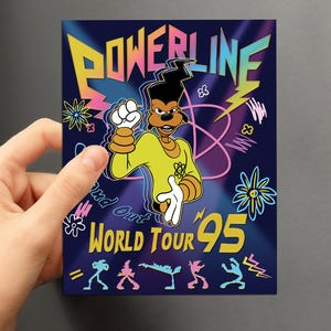 May include: A retro-style poster featuring a cartoon dog with a yellow shirt and a black afro. The poster has a blue background with colorful text that reads "Powerline World Tour '95".