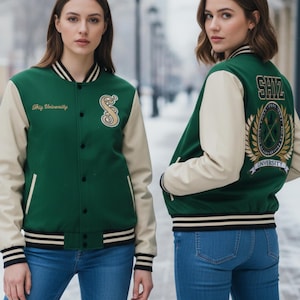 May include: Green and cream varsity jacket with the text "Sky University" and a stylized "S" emblem on the front. The back of the jacket features the text "SHIZ" above a crest design. The jacket has a black and white striped collar, cuffs, and hem.