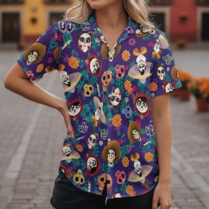 Disney Skull Coco Tropical Hawaiian T-shirt, Coco Group Character Hawaiian Tee, Coco Sugar Skulls Print Button Tee, Summer Beach Family Tee