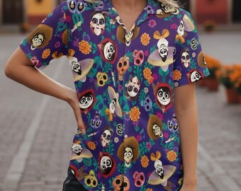 Disney Skull Coco Tropical Hawaiian T-shirt, Coco Group Character Hawaiian Tee, Coco Sugar Skulls Print Button Tee, Summer Beach Family Tee