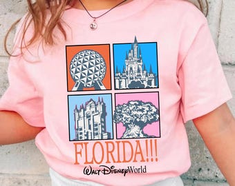 Maglietta vintage Disney World Florida Four Parks, maglietta con icone dell'albero della torre del castello di Epcot, maglietta Magic Kingdom, maglietta coordinata per il viaggio in famiglia WDW 2026