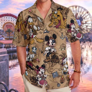 Disney Mickey And Friends Pirates Hawaiian T-shirt, Pirates Of The Caribbean Hawaii Tee, Mickey Minnie Print Button Tee, Summer Beach Tee