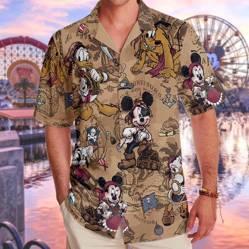 Disney Mickey And Friends Pirates Hawaiian T-shirt, Pirates Of The Caribbean Hawaii Tee, Mickey Minnie Print Button Tee, Summer Beach Tee image 1